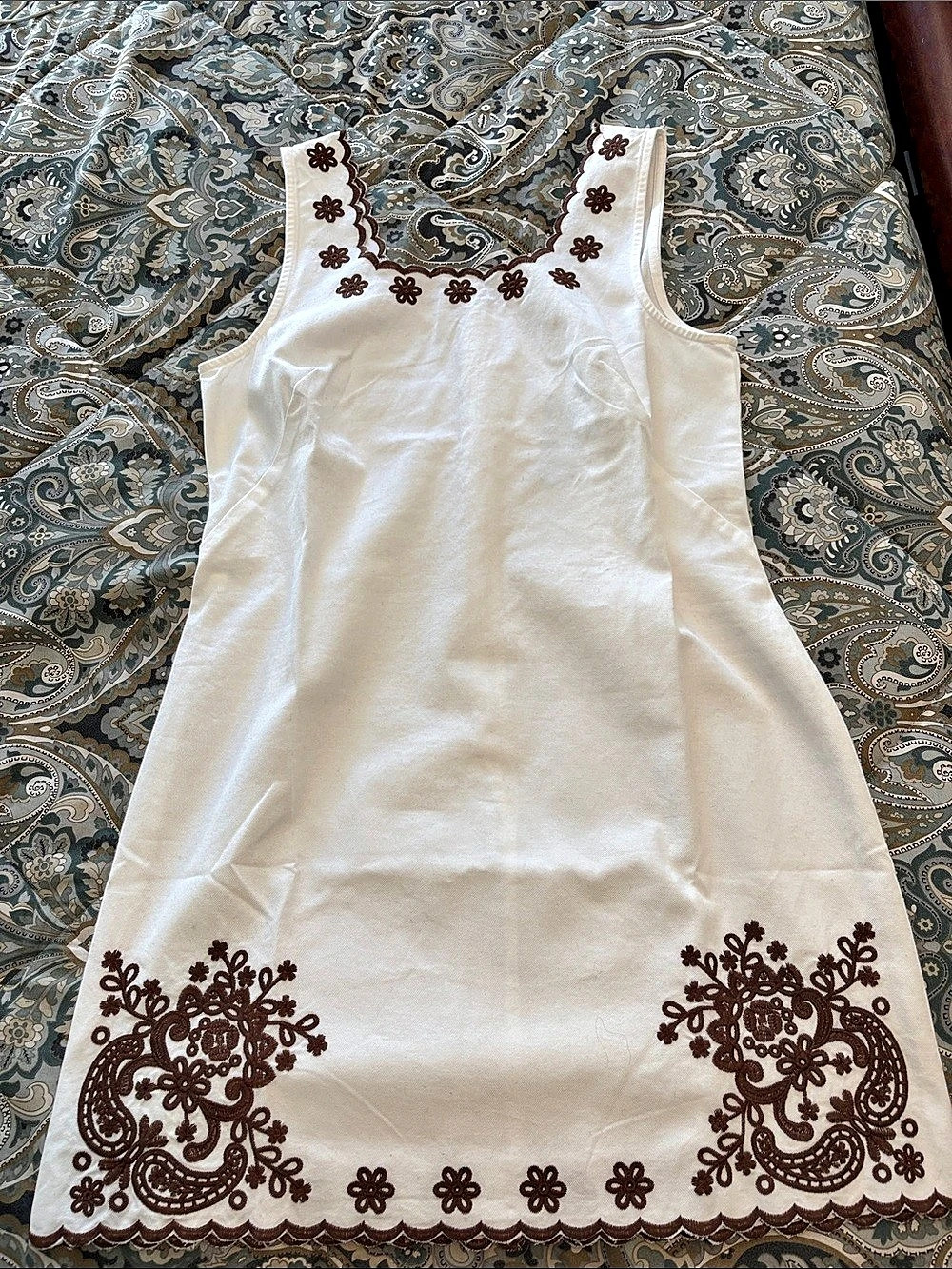 LOFT Petite Scalloped Floral Eyelet Mini Dress White & Brown